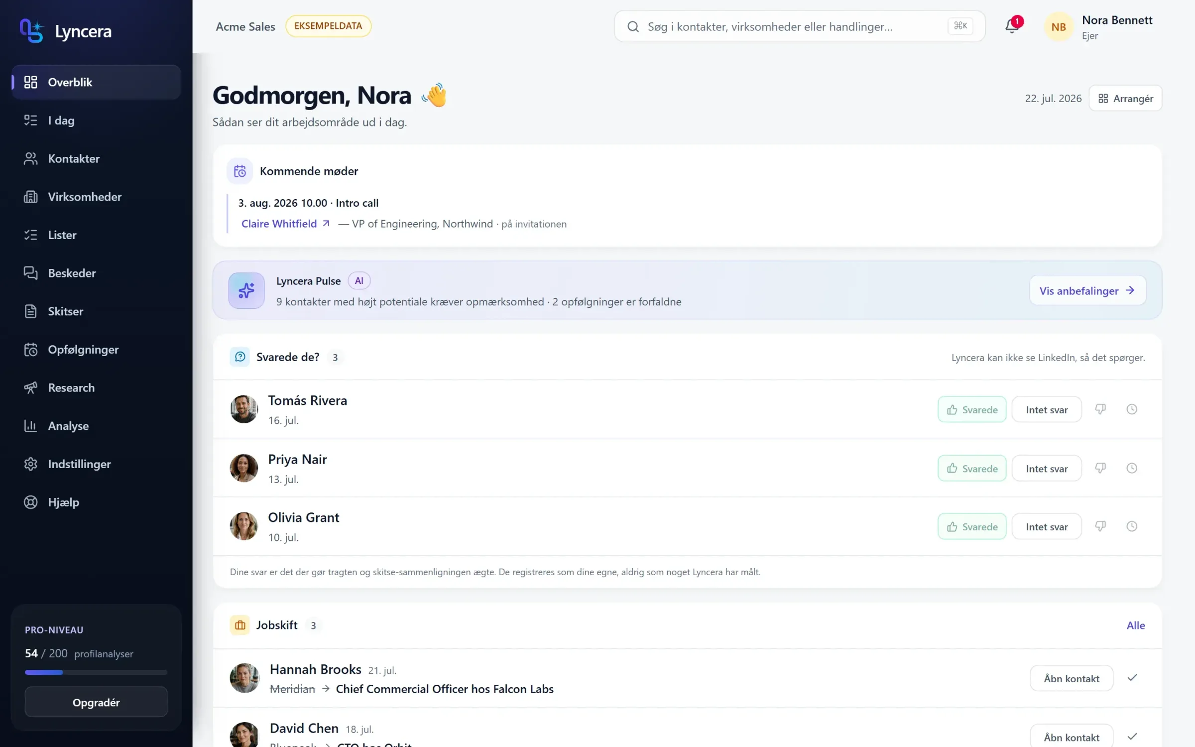Lynceras dashboard med jobskift, opfølgninger til i dag og fordelingen af match-scorer.